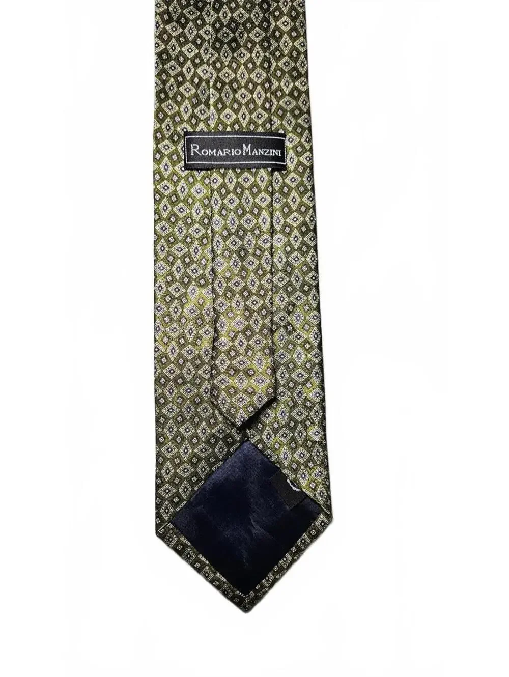 Romario Manzini Men’s Tie Olive Green Geometric Diamond Pattern Dress Necktie